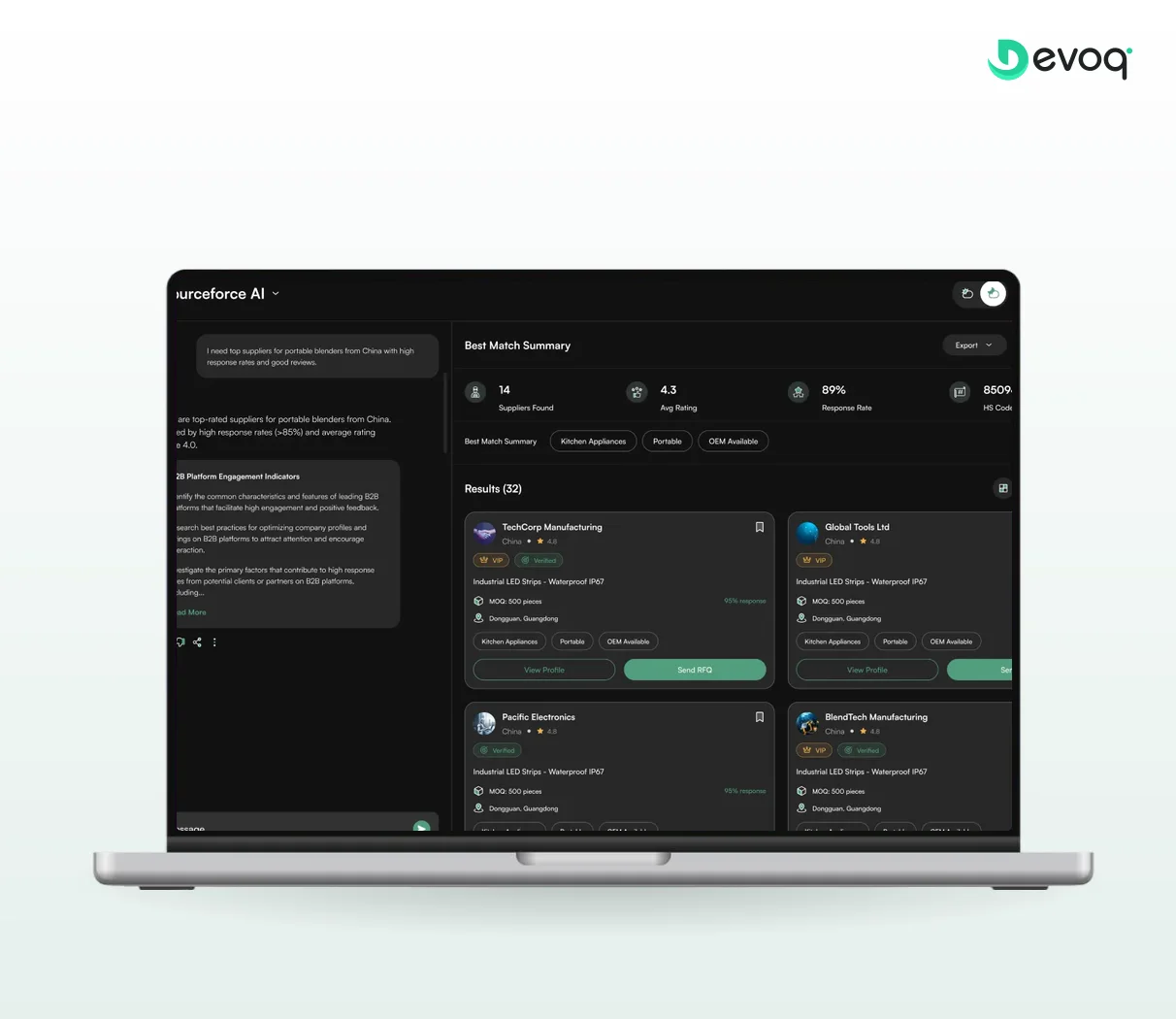 Sourceforce AI supplier search on a dark dashboard