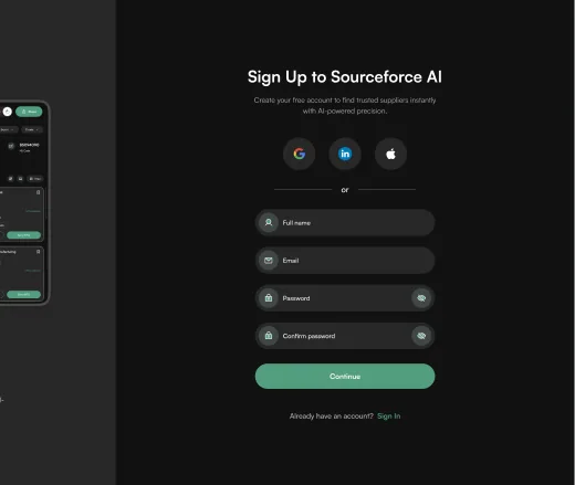 Sourceforce sign-in screen with the product promise on the left panel