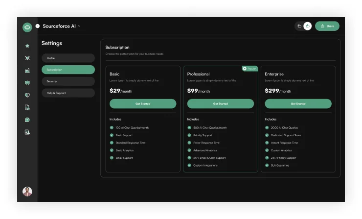 Sourceforce settings screen with the subscription plans