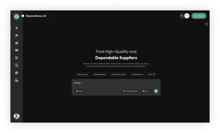 Sourceforce home screen: the AI prompt with four suggested starting points