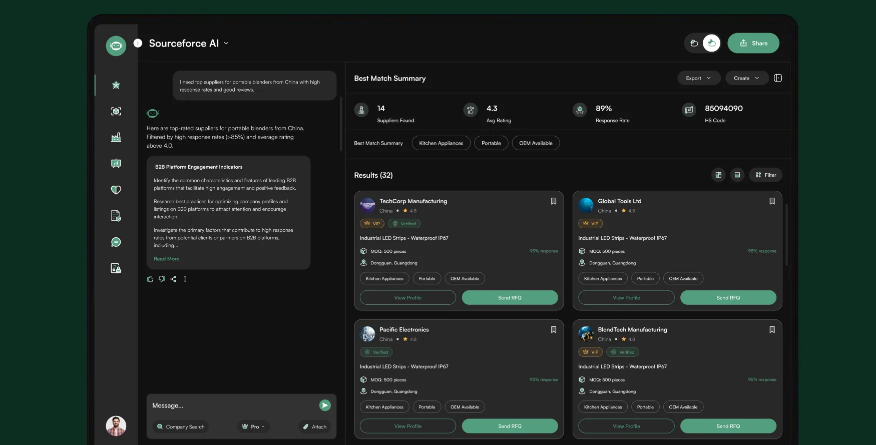 The Sourceforce AI search screen: a plain-language request on the left, the best match summary and scored supplier cards on the right
