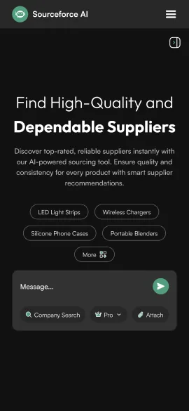 Sourceforce mobile home screen with the AI prompt and suggested searches