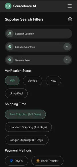 Sourceforce mobile filter sheet: verification status, shipping time and payment methods