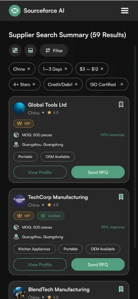 Sourceforce mobile results as a single column of supplier cards