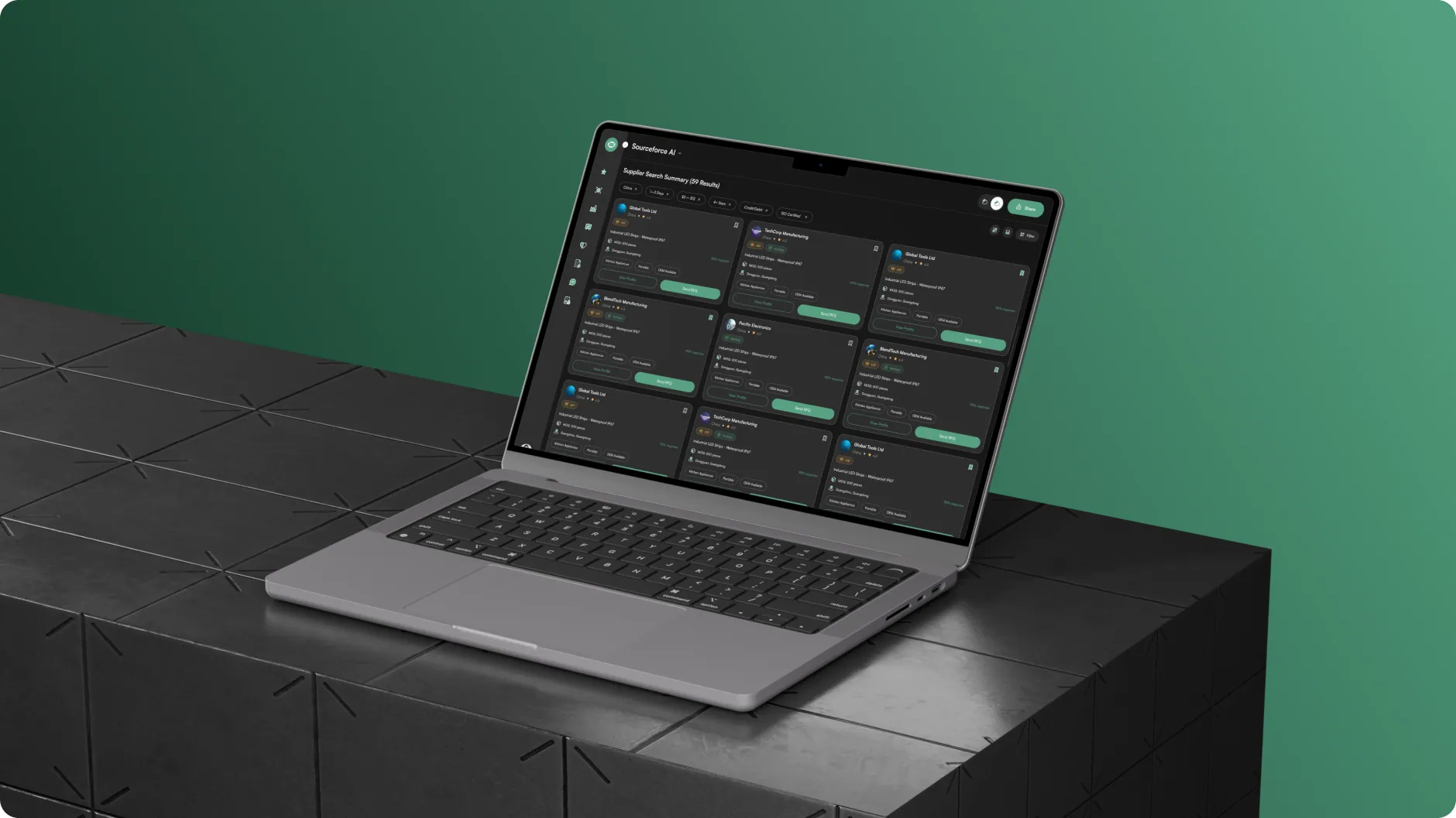The Sourceforce supplier search on a laptop on a dark plinth against a green wall