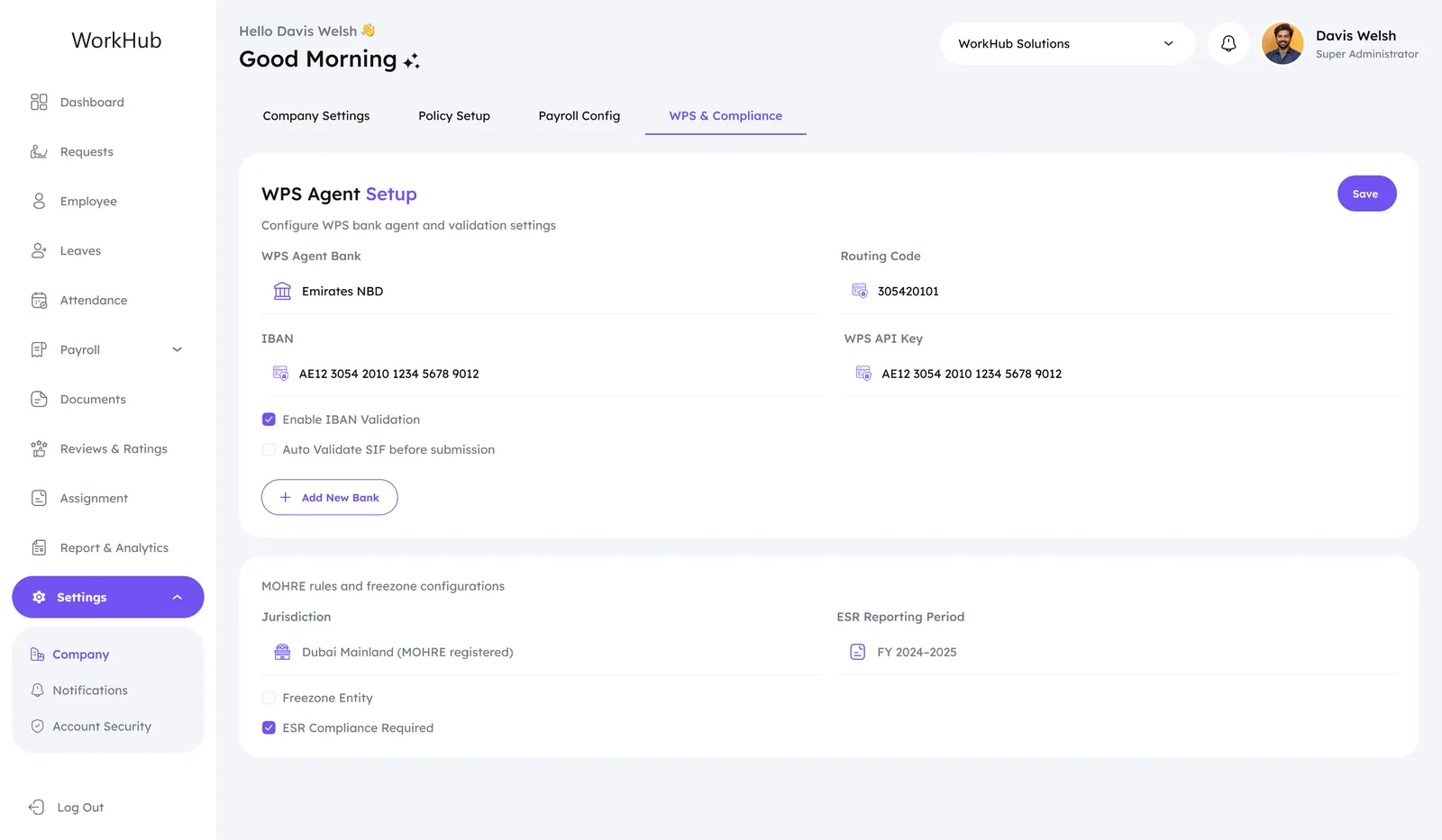 The WPS & Compliance settings tab: agent bank card, IBAN and SIF validation, jurisdiction
