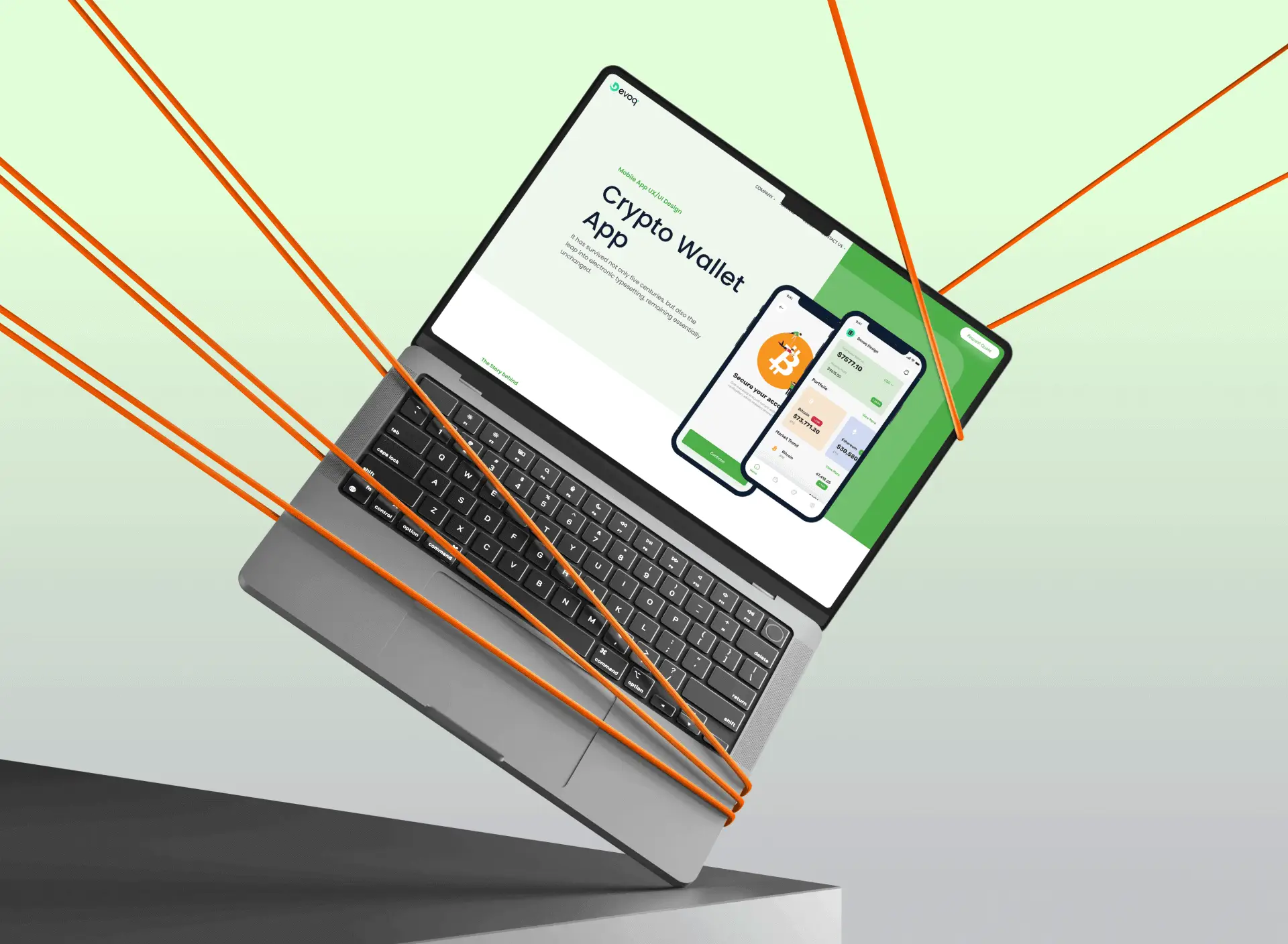 Crypto wallet app designed by Devoq Design, displayed on a laptop
