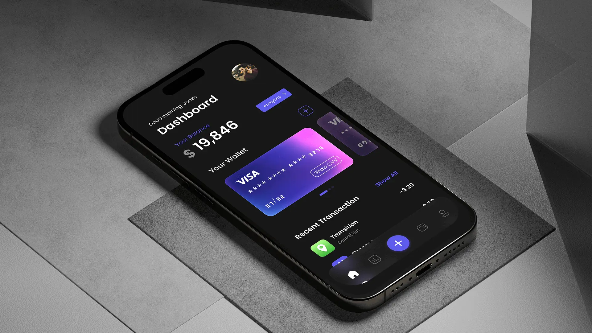 A fintech dashboard designed by Devoq Design, displayed on a mobile device