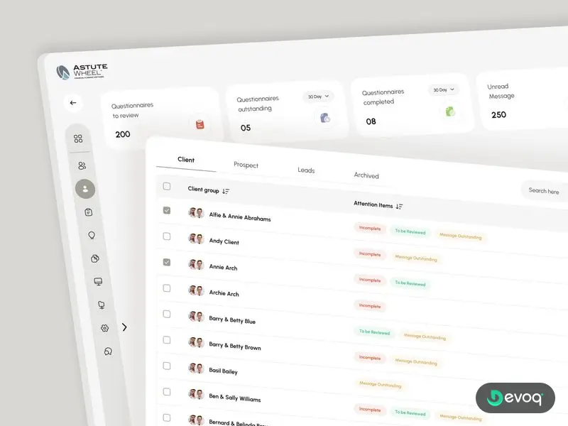 Astute Wheel crm admin dashboard UI design by Devoq Design