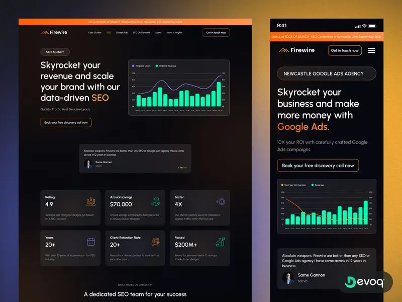 FireWire marketing agency website UI design by Devoq Design