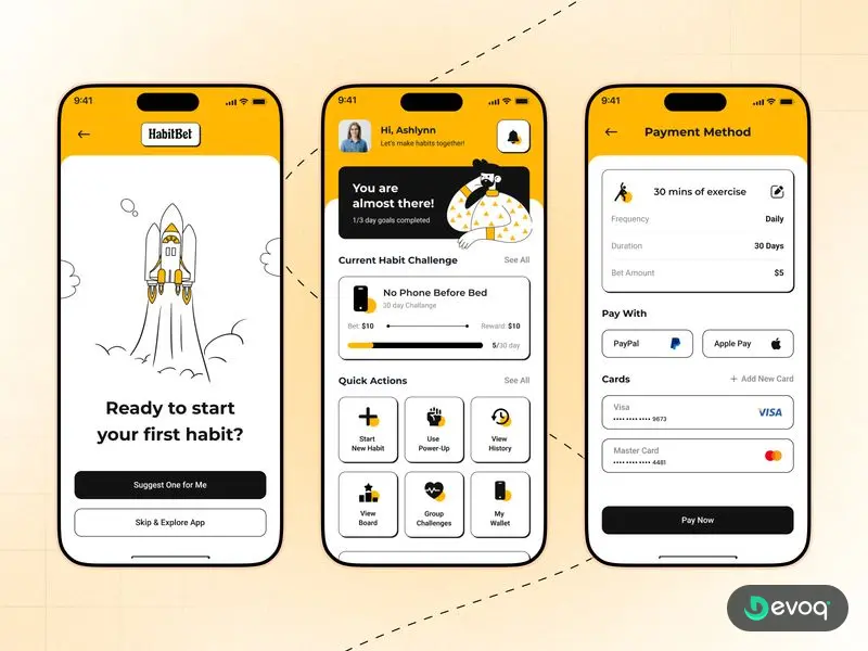 HabitBet habit tracker mobile app UI design by Devoq Design