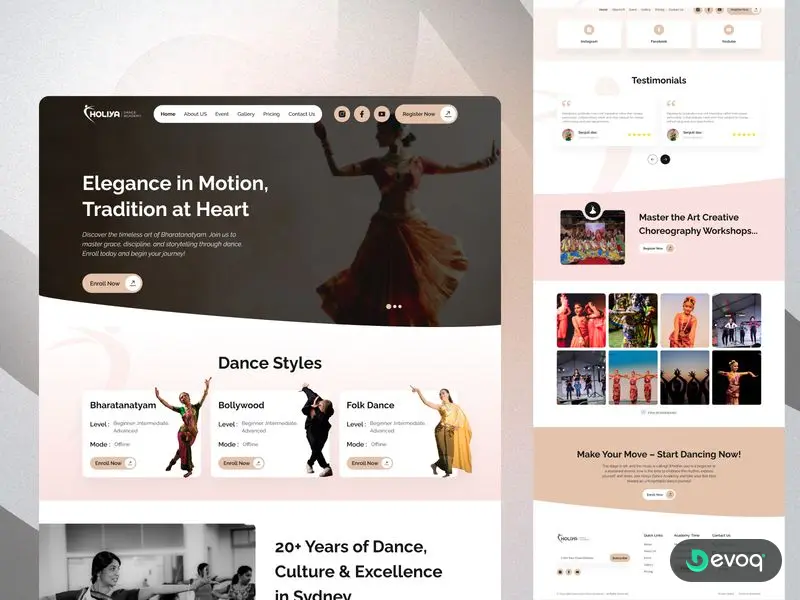 Holiya dance school website UI design by Devoq Design