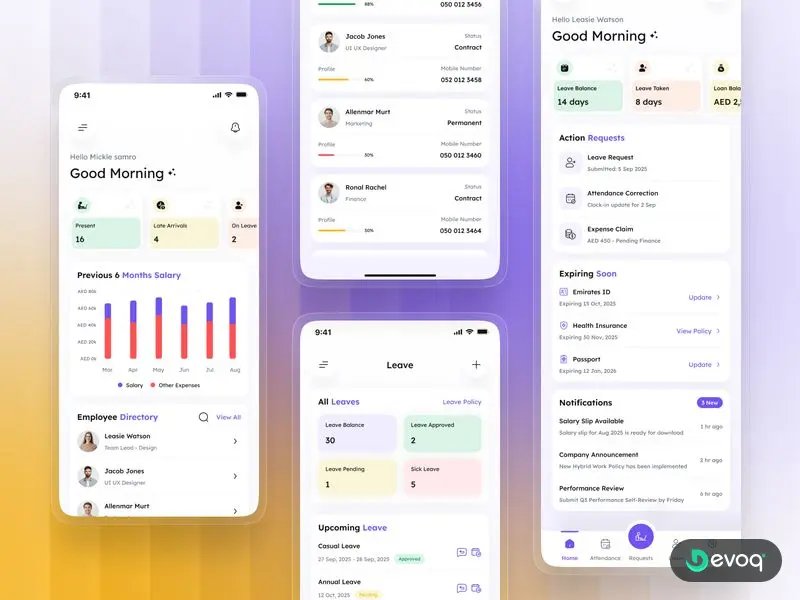 HRM App hr management mobile app UI design by Devoq Design