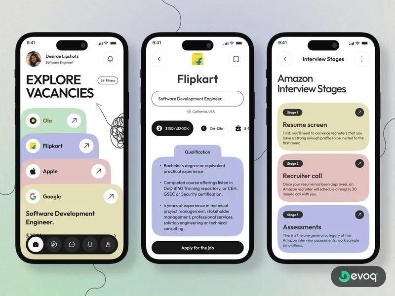 Job Search App job portal mobile app UI design by Devoq Design