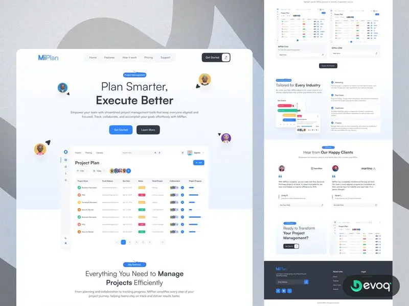 MiPlan project management saas website UI design by Devoq Design