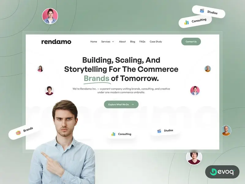 Rendamo branding agency website UI design by Devoq Design