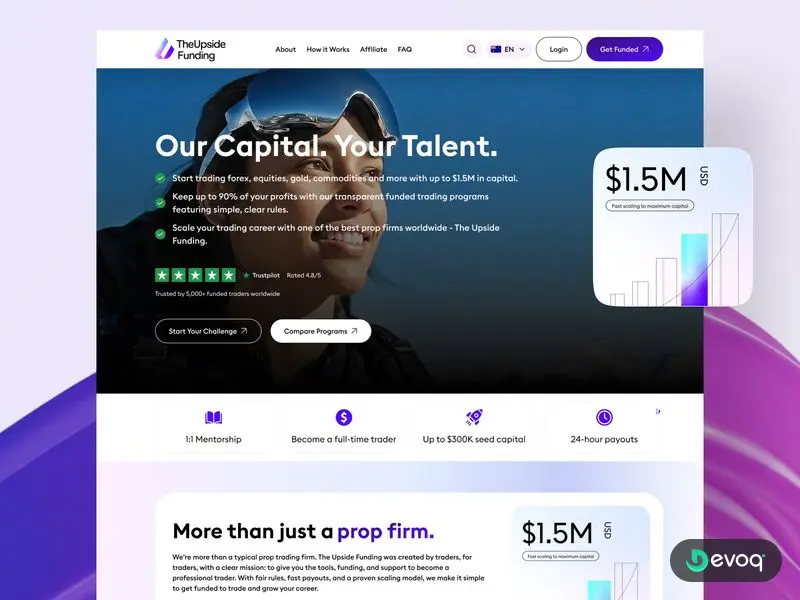 The Upside Funding prop trading fintech website UI design by Devoq Design